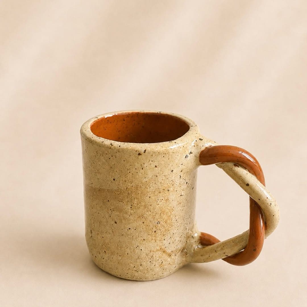 Caneca de grês speckle com alça torcida e esmalte terracota, fotografada sobre fundo areia